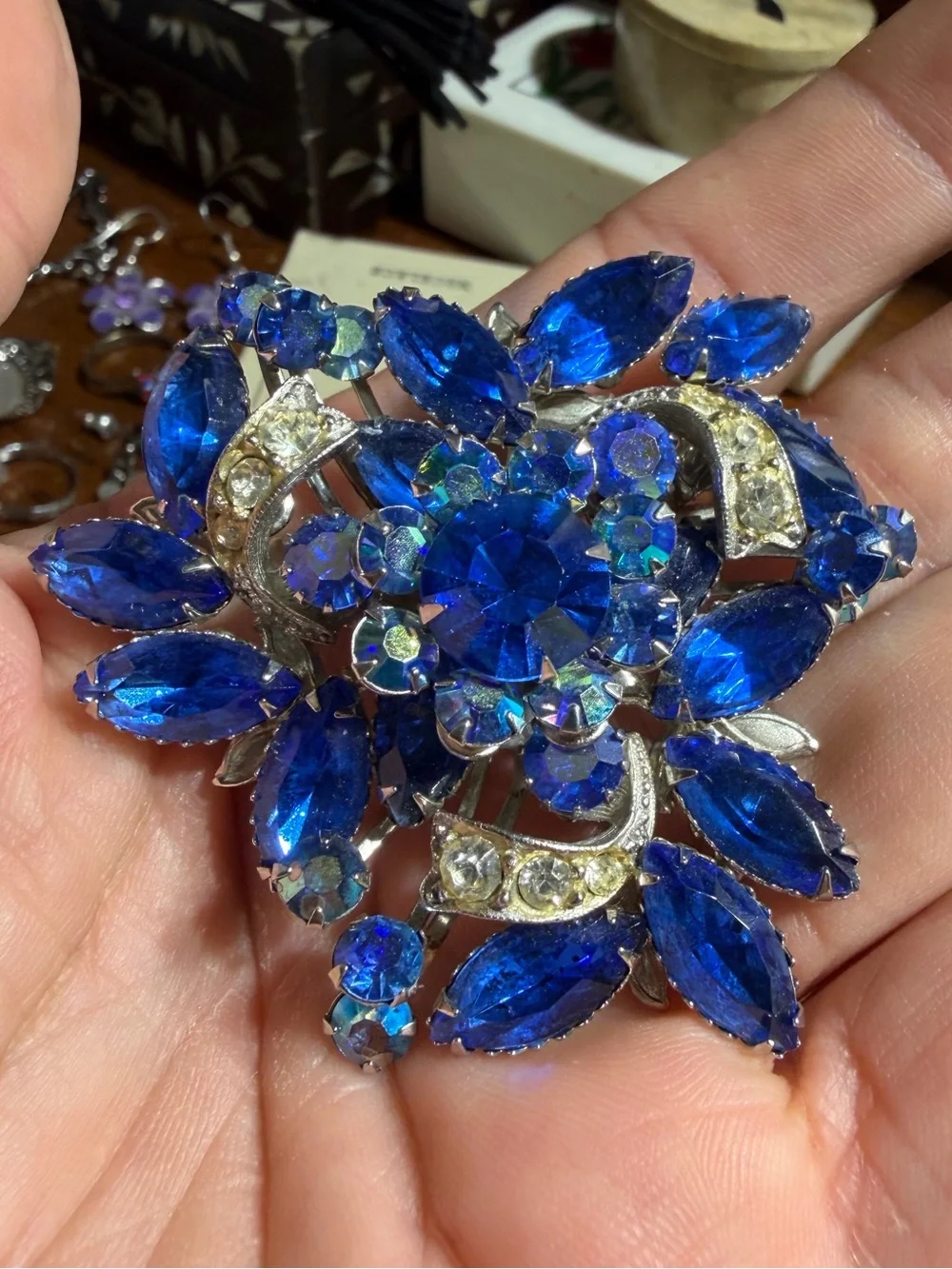 Vintage JUDY LEE Silver Tone Flower Corsage Blue Clear Rhinestones Brooch